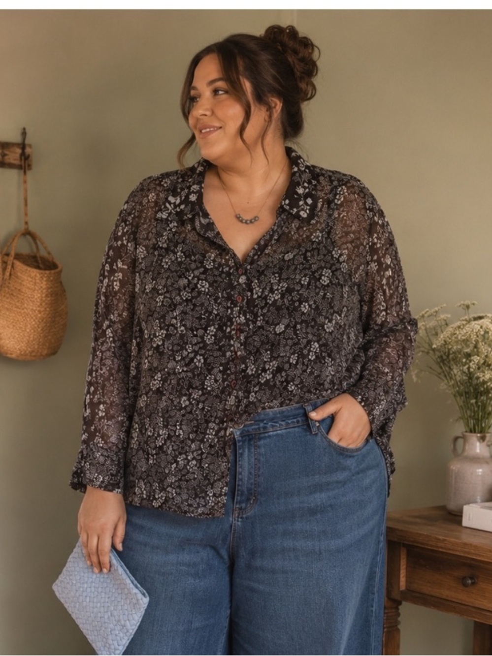 50.) Claudia Richard / Semi Sheer / Floral Button Down - Cottagecore